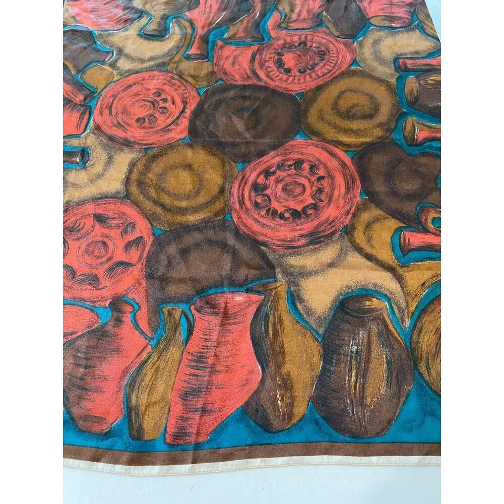 Womens Satin Abstract Pottery Square Scarf OS Vibrant Mature‎ Artsy Eclectic